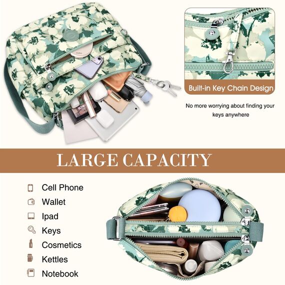 VOBUKE Umhängetasche Damen Mittelgroß Wasserdicht Nylon Crossbody Bag mit Vielen Fächern Leichte Schultertasche Verstellbarer Breitem Freizeit Kleine Messenger Bag für Einkaufen, Reisen