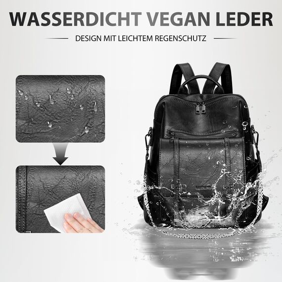 Leathario Rucksakck Damen Wasserdicht,Veganes Leder Cityrucksack,Rucksackhandtasche Mittelgroß, Diebstahlsich Tagesrucksack für Büro,Pendeln,Arbeit,Leicht Elegant Backpack Women Groß für Reise,Schwarz