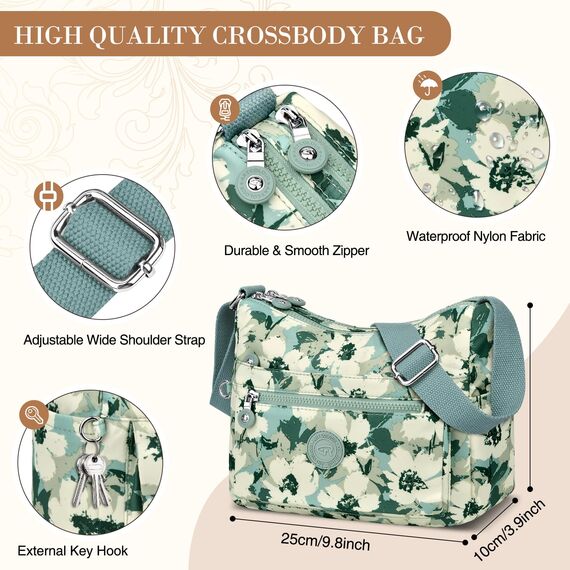 VOBUKE Umhängetasche Damen Mittelgroß Wasserdicht Nylon Crossbody Bag mit Vielen Fächern Leichte Schultertasche Verstellbarer Breitem Freizeit Kleine Messenger Bag für Einkaufen, Reisen