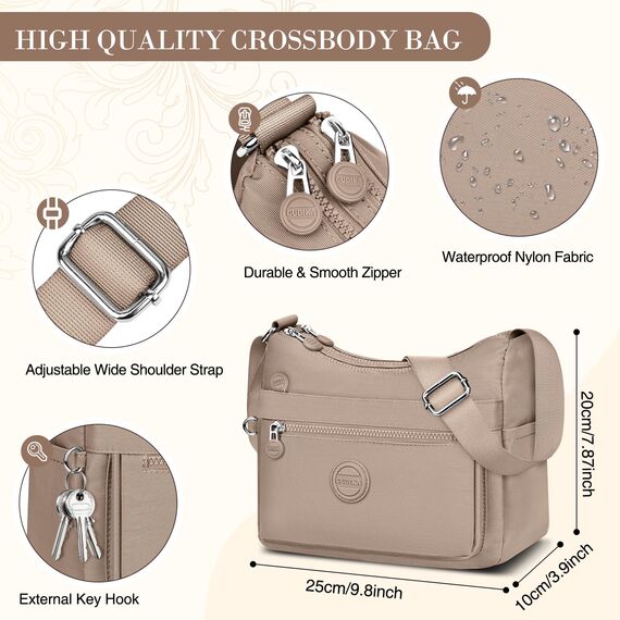 VOBUKE Umhängetasche Damen Mittelgroß Wasserdicht Nylon Crossbody Bag mit Vielen Fächern Leichte Schultertasche Verstellbarer Breitem Freizeit Kleine Messenger Bag für Einkaufen, Reisen