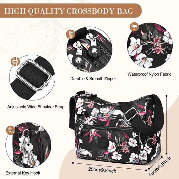 VOBUKE Umhängetasche Damen Mittelgroß Wasserdicht Nylon Crossbody Bag mit Vielen Fächern Leichte Schultertasche Verstellbarer Breitem Freizeit Kleine Messenger Bag für Einkaufen, Reisen