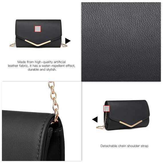 Miss Lulu Damen Umschlag Schwarz Clutch Elegant Abendtasche Brauttasche Umschlag Clutch Tasche Handtasche mit Kette für Hochzeit Party Prom