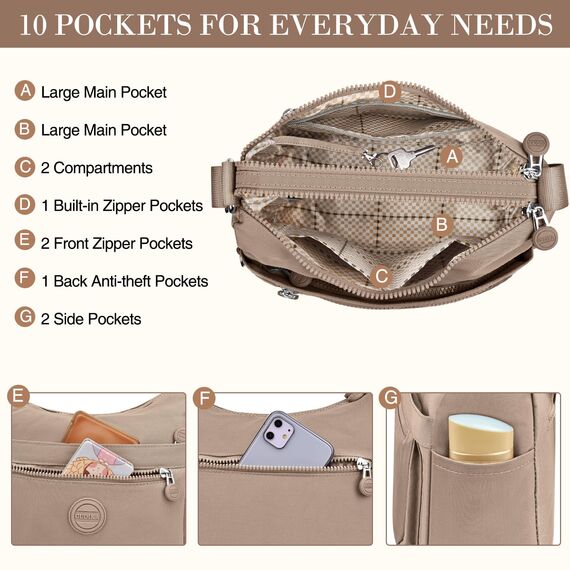 VOBUKE Umhängetasche Damen Mittelgroß Wasserdicht Nylon Crossbody Bag mit Vielen Fächern Leichte Schultertasche Verstellbarer Breitem Freizeit Kleine Messenger Bag für Einkaufen, Reisen