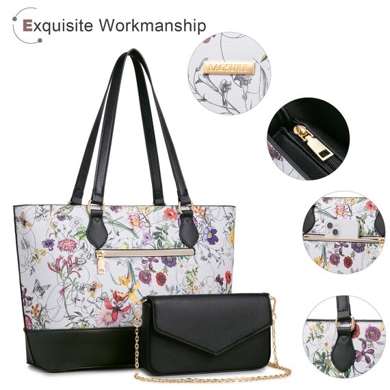 Bagsure Handtasche Damen Schultertasche Handtaschen Tragetasche Damen 4-teiliges Set für Büro Schule Einkauf Reise Geschenk (Blumen)