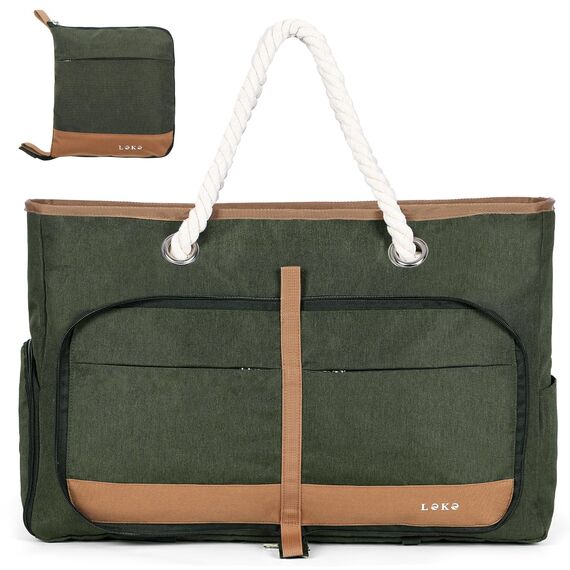 Lekespring Strandtasche Damen Groß mit Reißverschluss, Vielseitiger Damen Shopper Badetasche Saunatasche Reisetasche Tote Bag für Strand Reisen Einkaufen Sport u.Arbeit (Grün)