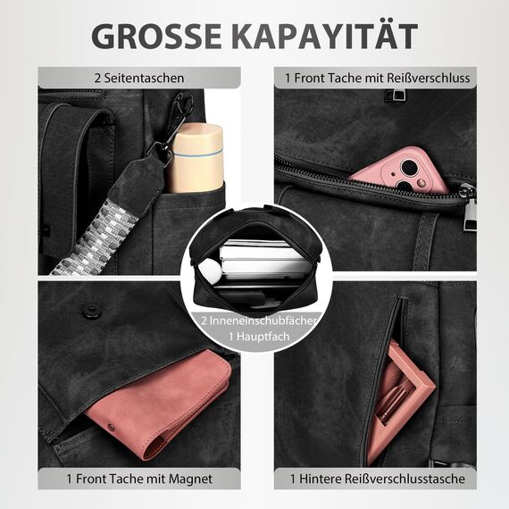 Leathario Rucksakck Damen Wasserdicht,Veganes Leder Cityrucksack,Rucksackhandtasche Mittelgroß, Diebstahlsich Tagesrucksack für Büro,Pendeln,Arbeit,Leicht Elegant Backpack Women Groß für Reise,Schwarz