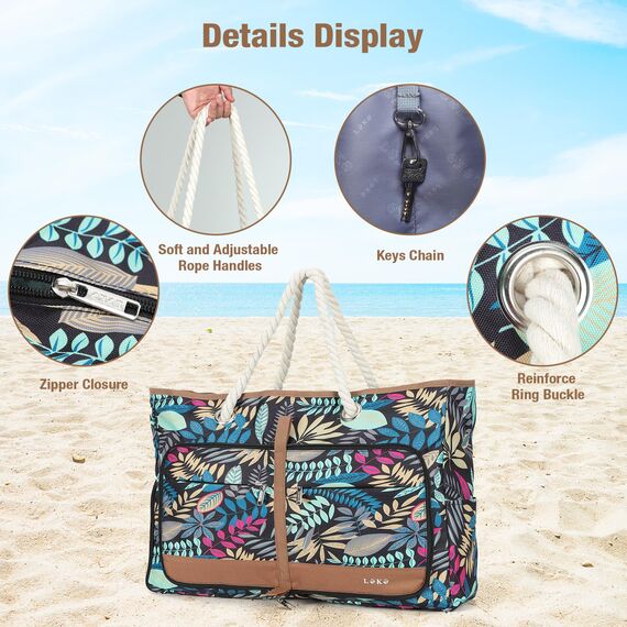 Lekespring Strandtasche Damen Groß mit Reißverschluss, Vielseitiger Damen Shopper Badetasche Saunatasche Reisetasche Tote Bag für Strand Reisen Einkaufen Sport u.Arbeit (Blauer Dschungel)