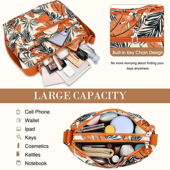 VOBUKE Umhängetasche Damen Mittelgroß Wasserdicht Nylon Crossbody Bag mit Vielen Fächern Leichte Schultertasche Verstellbarer Breitem Freizeit Kleine Messenger Bag für Einkaufen, Reisen