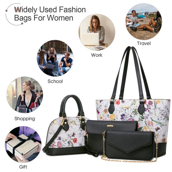 Bagsure Handtasche Damen Schultertasche Handtaschen Tragetasche Damen 4-teiliges Set für Büro Schule Einkauf Reise Geschenk (Blumen)