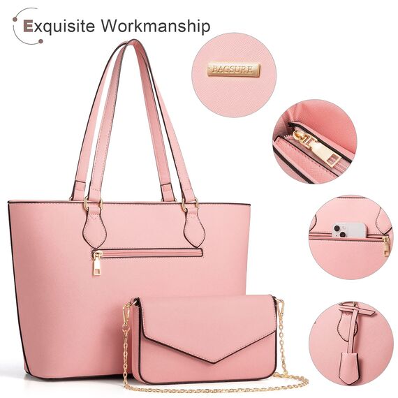 Bagsure Handtasche Damen Schultertasche Handtaschen Tragetasche Damen 4-teiliges Set für Büro Schule Einkauf Reise Geschenk (Rosa)
