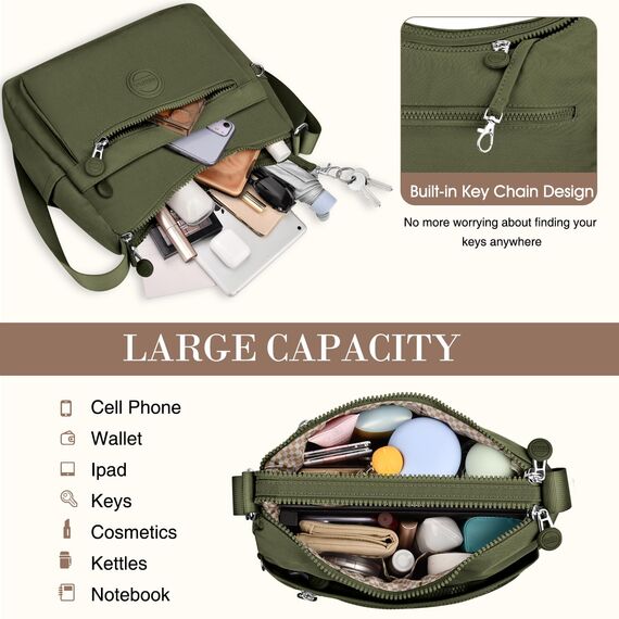 VOBUKE Umhängetasche Damen Mittelgroß Wasserdicht Nylon Crossbody Bag mit Vielen Fächern Leichte Schultertasche Verstellbarer Breitem Freizeit Kleine Messenger Bag für Einkaufen, Reisen