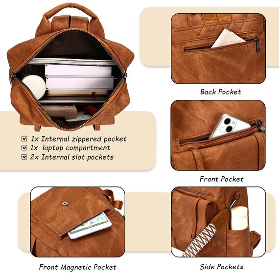 Leathario Rucksakck Damen Set Wasserdicht,Veganes Leder Cityrucksack,Rucksackhandtasche Mittelgroß, Diebstahlsich Tagesrucksack für Büro,Pendeln,Arbeit,Leicht Elegant Backpack Women Groß für Reise