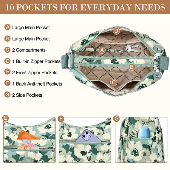 VOBUKE Umhängetasche Damen Mittelgroß Wasserdicht Nylon Crossbody Bag mit Vielen Fächern Leichte Schultertasche Verstellbarer Breitem Freizeit Kleine Messenger Bag für Einkaufen, Reisen