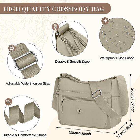 VOBUKE Umhängetasche Damen Mittelgroß Wasserdicht Nylon Crossbody Bag mit Vielen Fächern Leichte Schultertasche Verstellbarer Breitem Freizeit Kleine Messenger Bag für Einkaufen, Reisen