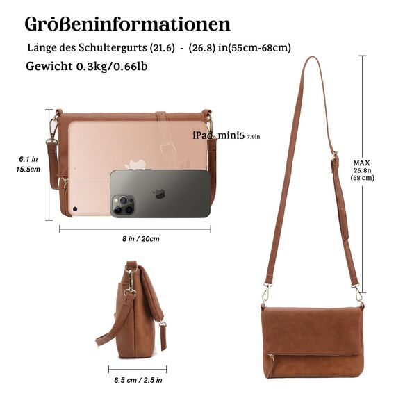 Gladdon Umhängetasche Damen Klein Handtasche,Crossbody Tasche Schultertasche Elegant Clutch Messenger PU-Leder Taschen Für Täglich Arbeit Einkaufen(Braun)