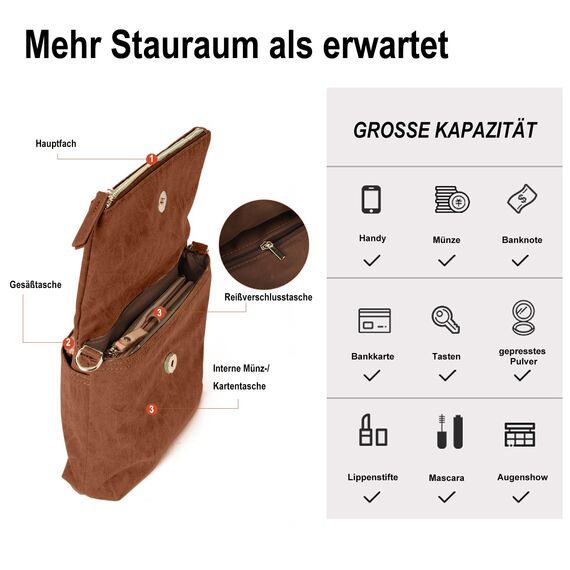 Gladdon Umhängetasche Damen Klein Handtasche,Crossbody Tasche Schultertasche Elegant Clutch Messenger PU-Leder Taschen Für Täglich Arbeit Einkaufen(Braun)