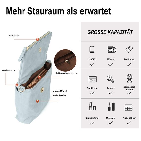 Gladdon Umhängetasche Damen Klein Handtasche,Crossbody Tasche Schultertasche Elegant Clutch Messenger PU-Leder Taschen Für Täglich Arbeit Einkaufen(Graublau)