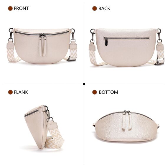 Vezluax 30x20cm umhängetasche Damen Bauchtasche Damen Groß Vegan Leder Crossbody Bag stylisch Gürteltasche Brusttasche Frauen mit breitem Gurt Beige-Silber