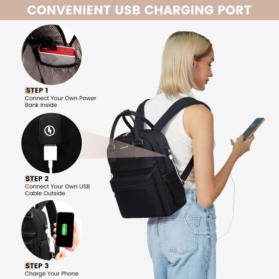 LOVEVOOK 13,3 Zoll Rucksack Damen Klein, Wasserdicht Cityrucksack Handtasche 2 in 1, Mini Tasche Daypack Backpack Women Elegant für Freizeit Schule Reisen Arbeit, Schwarz