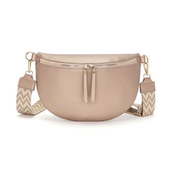 Vezluax 30x20cm umhängetasche Damen Bauchtasche Damen Groß Vegan Leder Crossbody Bag stylisch Muttertags geschenke für frauen mit breitem Gurt Pearl Gold (Shiny Effect)