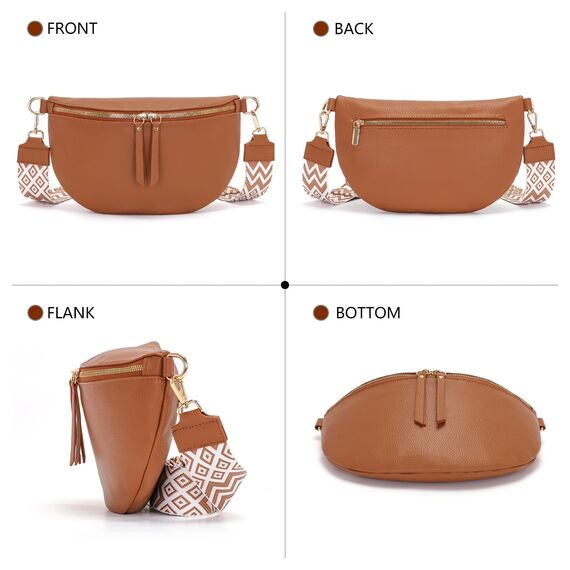 Vezluax 30x20cm umhängetasche Damen Bauchtasche Damen Groß Vegan Leder Crossbody Bag stylisch Frauen mit breitem Gurt Braun