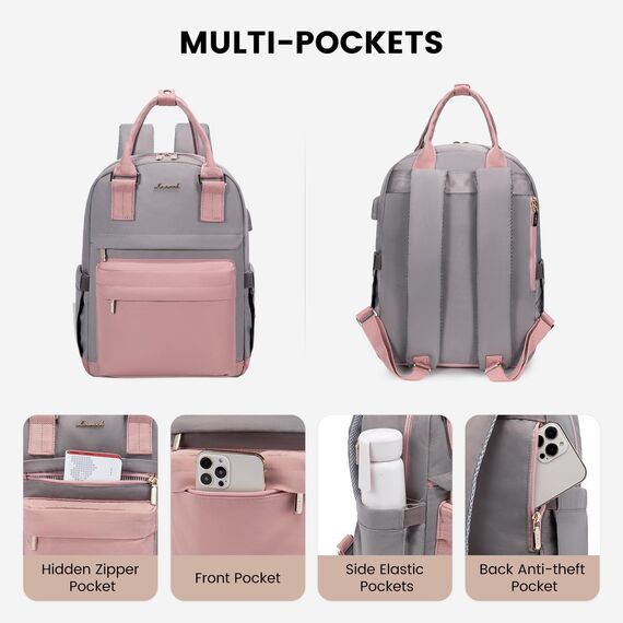 LOVEVOOK 13,3 Zoll Rucksack Damen Klein, Wasserdicht Cityrucksack Handtasche 2 in 1, Mini Tasche Daypack Backpack Women Elegant für Freizeit Schule Reisen Arbeit, Rosa Grau