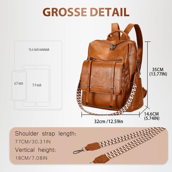 Leathario Rucksakck Damen Wasserdicht,Veganes Leder Cityrucksack,Rucksackhandtasche Mittelgroß, Diebstahlsich Tagesrucksack für Büro,Pendeln,Arbeit,Leicht Elegant Backpack Women Groß für Reise,Braun