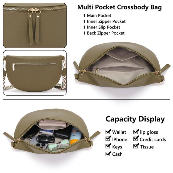 Vezluax 30x20cm umhängetasche Damen Bauchtasche Damen Groß Vegan Leder Crossbody Bag stylisch Frauen mit breitem Gurt OlivGrün