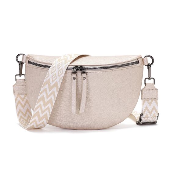 Vezluax 30x20cm umhängetasche Damen Bauchtasche Damen Groß Vegan Leder Crossbody Bag stylisch Gürteltasche Brusttasche Frauen mit breitem Gurt Beige-Silber