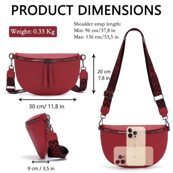 Vezluax 30x20cm umhängetasche Damen Bauchtasche Damen Groß Vegan Leder Crossbody Bag stylisch Gürteltasche Brusttasche Frauen mit breitem Gurt Kirschrot