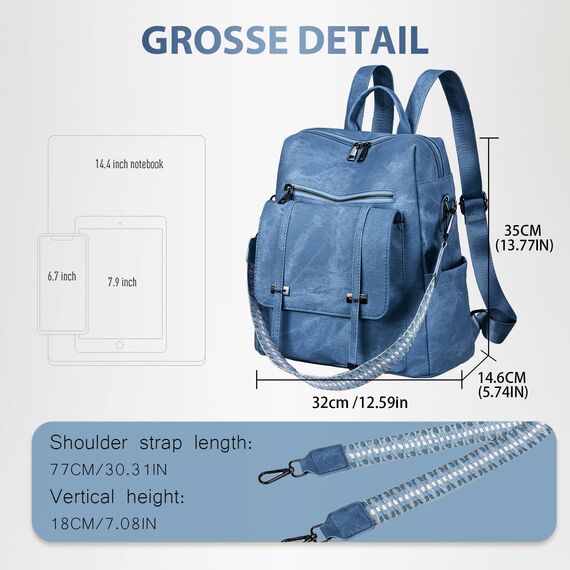 Leathario Rucksakck Damen Wasserdicht,Veganes Leder Cityrucksack,Rucksackhandtasche Mittelgroß, Diebstahlsich Tagesrucksack für Büro,Pendeln,Arbeit,Leicht Elegant Backpack Women Groß für Reise,Blau