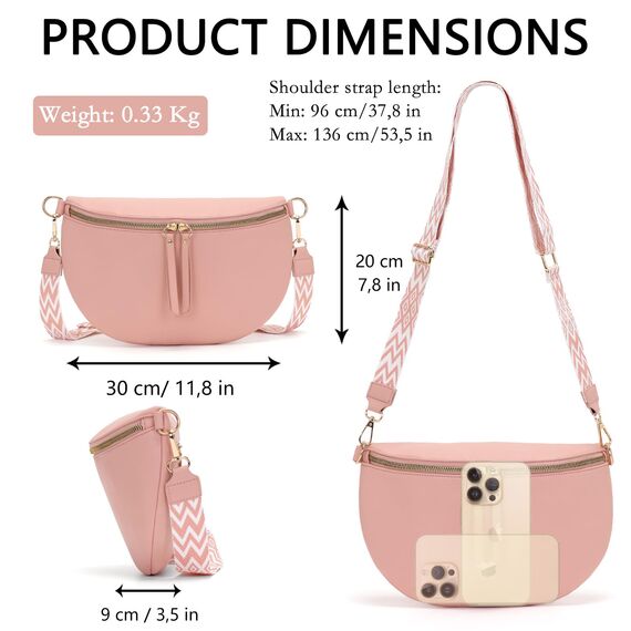 Vezluax 30x20cm umhängetasche Damen Bauchtasche Damen Groß Vegan Leder Crossbody Bag stylisch Frauen mit breitem Gurt Rosa