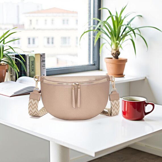 Vezluax 30x20cm umhängetasche Damen Bauchtasche Damen Groß Vegan Leder Crossbody Bag stylisch Muttertags geschenke für frauen mit breitem Gurt Pearl Gold (Shiny Effect)