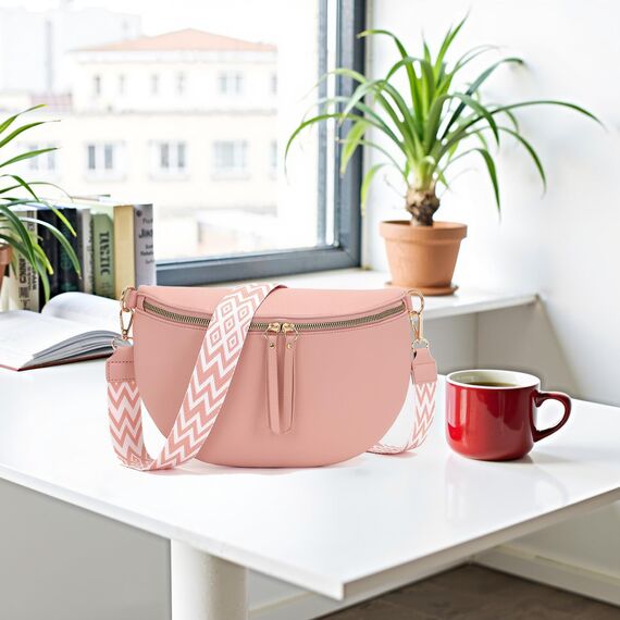 Vezluax 30x20cm umhängetasche Damen Bauchtasche Damen Groß Vegan Leder Crossbody Bag stylisch Frauen mit breitem Gurt Rosa