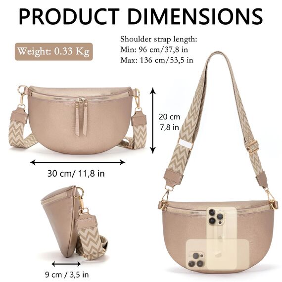 Vezluax 30x20cm umhängetasche Damen Bauchtasche Damen Groß Vegan Leder Crossbody Bag stylisch Muttertags geschenke für frauen mit breitem Gurt Pearl Gold (Shiny Effect)