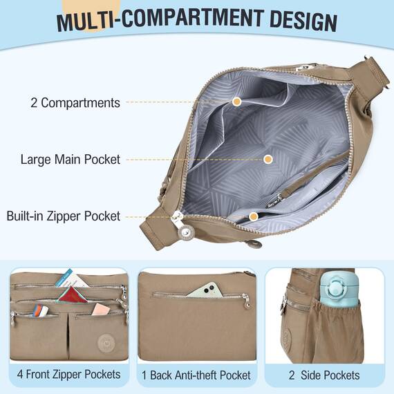 TEUEN Crossbody Bag Damen Große Kapazität Wasserdicht Nylon Umhängetasche Damen Mittelgroß, Casual Handtasche & Leichte Schultertasche Gross Messenger Bag mit Vielen Fächern