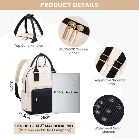 LOVEVOOK 13,3 Zoll Rucksack Damen Klein, Wasserdicht Cityrucksack Handtasche 2 in 1, Mini Tasche Daypack Backpack Women Elegant für Freizeit Schule Reisen Arbeit, Schwarz Beige