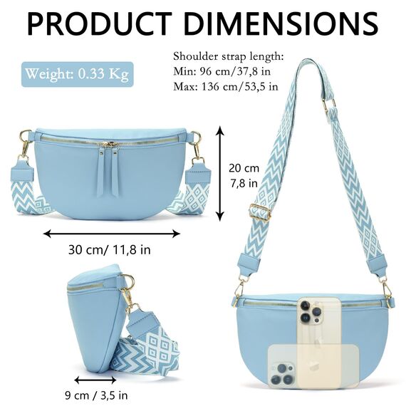 Vezluax 30x20cm umhängetasche Damen Bauchtasche Damen Groß Vegan Leder Crossbody Bag stylisch Frauen mit breitem Gurt Blau