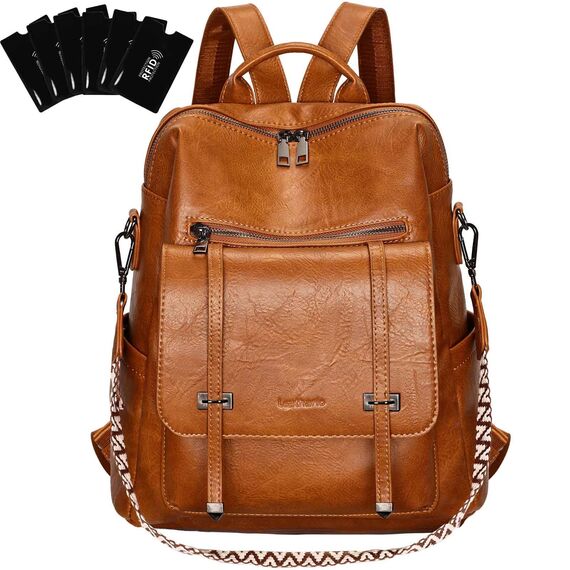Leathario Rucksakck Damen Wasserdicht,Veganes Leder Cityrucksack,Rucksackhandtasche Mittelgroß, Diebstahlsich Tagesrucksack für Büro,Pendeln,Arbeit,Leicht Elegant Backpack Women Groß für Reise,Braun