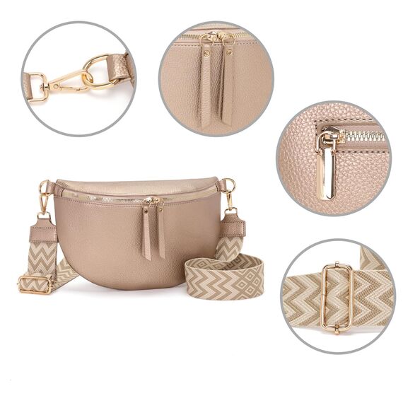 Vezluax 30x20cm umhängetasche Damen Bauchtasche Damen Groß Vegan Leder Crossbody Bag stylisch Muttertags geschenke für frauen mit breitem Gurt Pearl Gold (Shiny Effect)