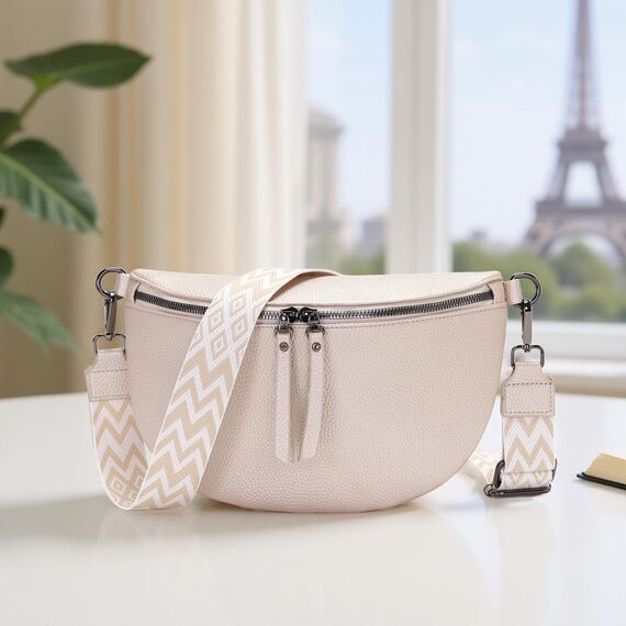 Vezluax 30x20cm umhängetasche Damen Bauchtasche Damen Groß Vegan Leder Crossbody Bag stylisch Gürteltasche Brusttasche Frauen mit breitem Gurt Beige-Silber