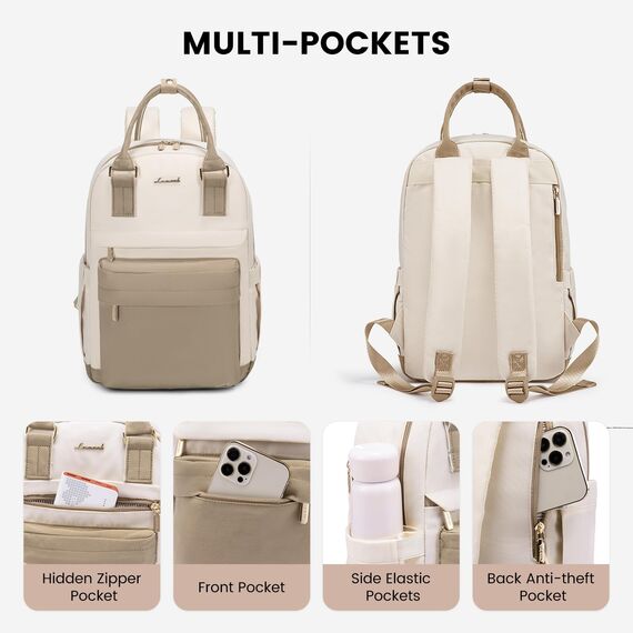 LOVEVOOK Damen Rucksack Mittelgroß, 14 Zoll Schulrucksack Teenager Mädchen Laptop Backpack School Bag Schultasche Arbeitstasche, Wasserdicht Travel Backpack für Reise Uni College, Khaki Beige