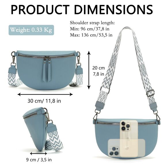 Vezluax 30x20cm umhängetasche Damen Bauchtasche Damen Groß Vegan Leder Crossbody Bag stylisch Gürteltasche Brusttasche Frauen mit breitem Gurt Rauchblau