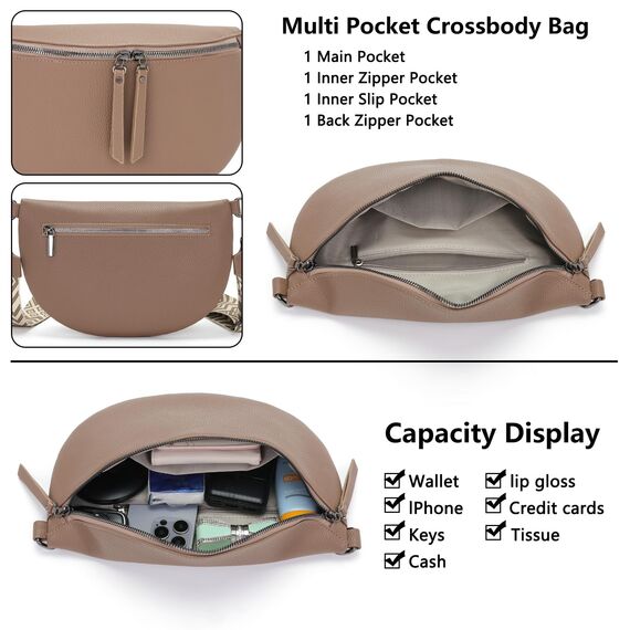 Vezluax 30x20cm umhängetasche Damen Bauchtasche Damen Groß Vegan Leder Crossbody Bag stylisch Frauen mit breitem Gurt Pekannuss