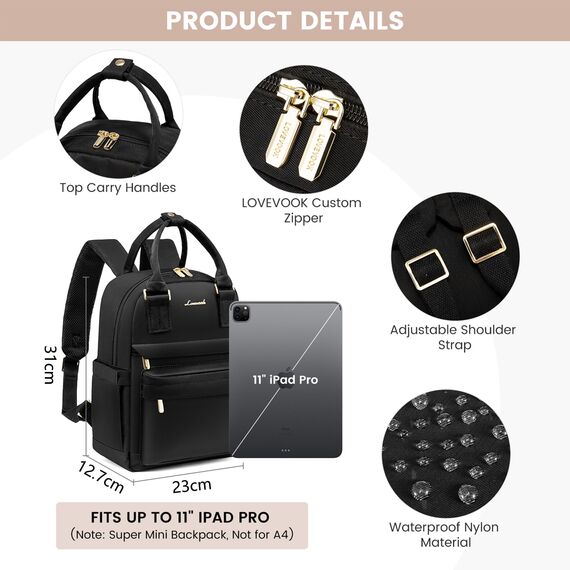 LOVEVOOK Rucksack Damen Klein, Wasserdicht Cityrucksack Handtasche 2 in 1, Mini Tasche Daypack Backpack Women Elegant für Freizeit Schule Reisen Arbeit, Schwarz