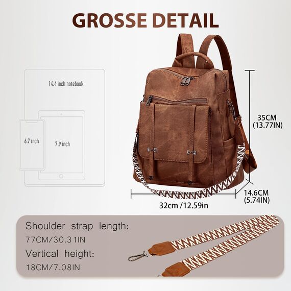 Leathario Rucksakck Damen Wasserdicht,Veganes Leder Cityrucksack,Rucksackhandtasche Mittelgroß, Diebstahlsich Tagesrucksack für Büro,Pendeln,Arbeit,Leicht Elegant Backpack Women Groß für Reise,Braun