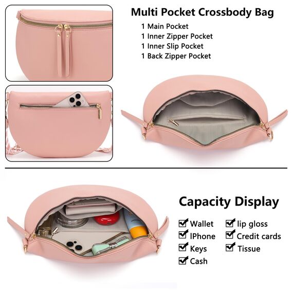 Vezluax 30x20cm umhängetasche Damen Bauchtasche Damen Groß Vegan Leder Crossbody Bag stylisch Frauen mit breitem Gurt Rosa