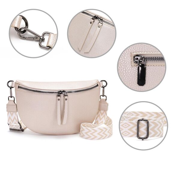 Vezluax 30x20cm umhängetasche Damen Bauchtasche Damen Groß Vegan Leder Crossbody Bag stylisch Gürteltasche Brusttasche Frauen mit breitem Gurt Beige-Silber