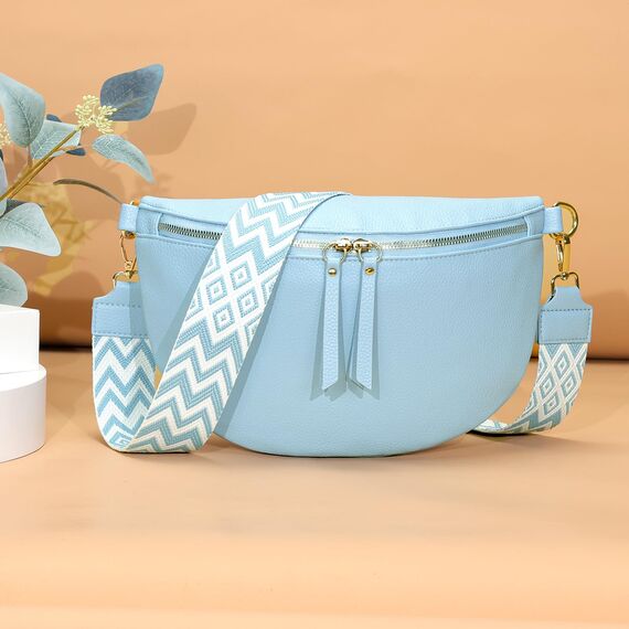Vezluax 30x20cm umhängetasche Damen Bauchtasche Damen Groß Vegan Leder Crossbody Bag stylisch Frauen mit breitem Gurt Blau