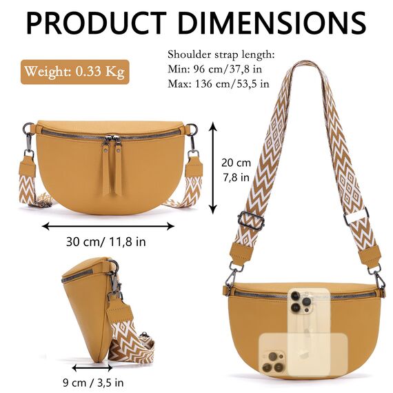 Vezluax 30x20cm umhängetasche Damen Bauchtasche Damen Groß Vegan Leder Crossbody Bag stylisch Gürteltasche Brusttasche Frauen mit breitem Gurt Fichtengelb